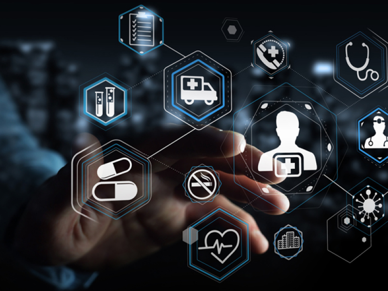 hand pointing to health icons